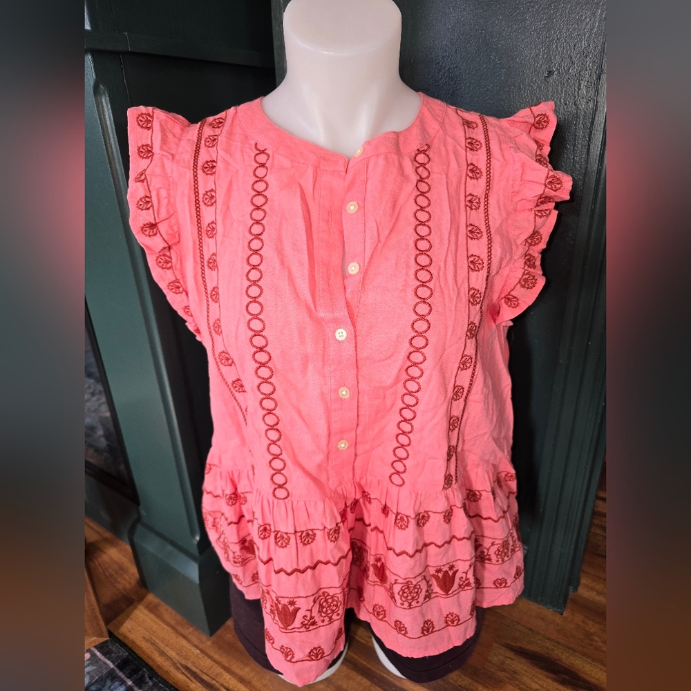 LOFT Floral Embroidered Henley Peplum Top Coral Pink Size Medium Boho Feminine